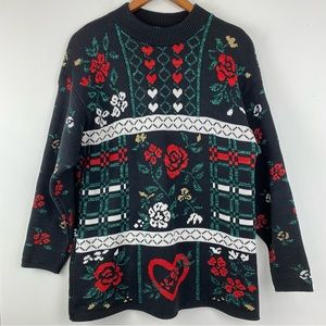 Vintage Mathias size Large Women’s Black Red Green Floral Heart Sweater